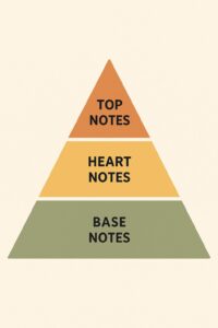 Perfume pyramid showing fragrance note breakdown from top to base.